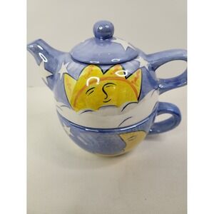Celestial Sun and Moon Tea for One Set Blue Starry Sky Ceramic Stacking Teapot